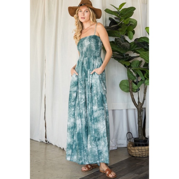 SOLD OUT Green Tie Dye Wide Palazzo Flare Leg Smocked Bohemian Casual Jumpsuit - Picture 9 of 13